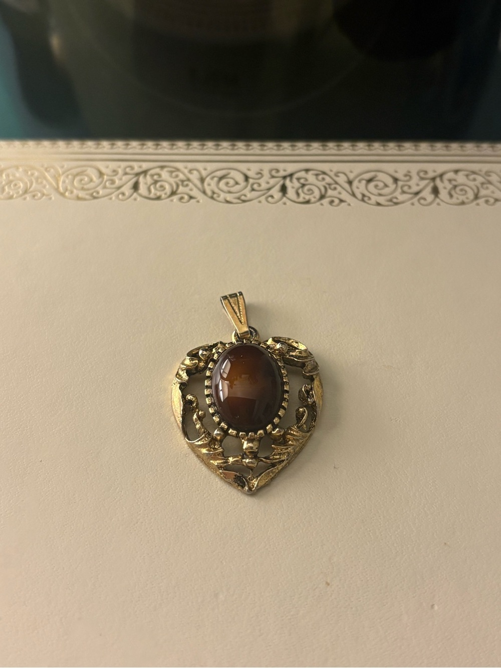 Vintage Gold Heart Pendant with Brown Cabochon Gem - Women Jewelry
